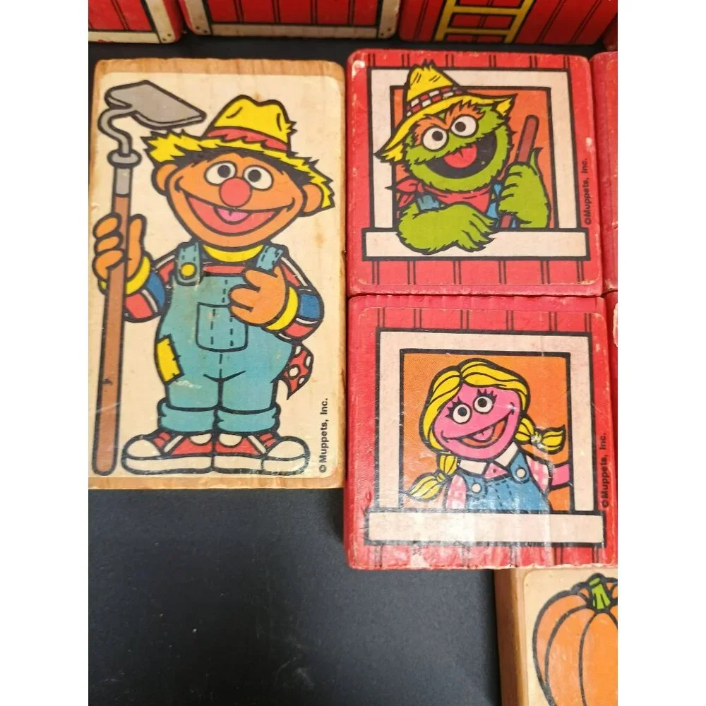 Vintage 1980s Sesame Street Wooden Blocks With Farm Characters & Barn Doors Educ